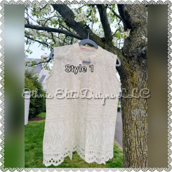 New Off-White Chikankari open Vest - Embroidered Work Nehru Jacket - Picture 4 of 14